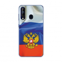 Силиконовый чехол Герб РФ на фоне флага на Samsung Galaxy A60
