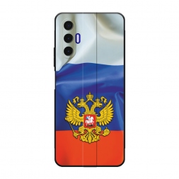 Матовый силиконовый чехол Герб РФ на фоне флага на Tecno Pova 3