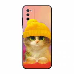 Матовый силиконовый чехол Котенок в желтой шапке на Samsung Galaxy A03S