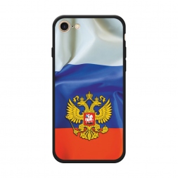 Матовый силиконовый чехол Герб РФ на фоне флага на iPhone 8