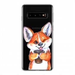 Силиконовый чехол Корги с кофе на Samsung Galaxy S10 Plus