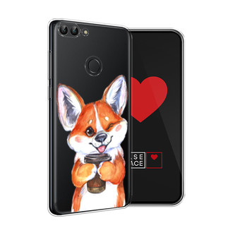 Силиконовый чехол Корги с кофе на Huawei Y9 2018