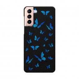 Кожаный черный Синие бабочки на Samsung Galaxy S21 Plus
