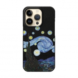 Кожаный черный Ночь Ван Гога на iPhone 14 Pro
