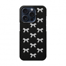 Кожаный черный Белые бантики на iPhone 15 Pro