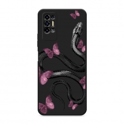 Матовый силиконовый чехол Змея и бабочки на Tecno Pova 2