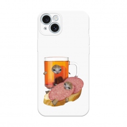 Soft touch белый Котёнок бутерброд на iPhone 15 Plus