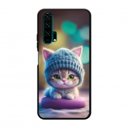 Матовый силиконовый чехол Котик в голубой шапочке на Honor 20 Pro