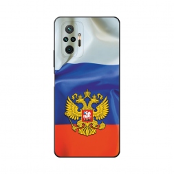 Матовый силиконовый чехол Герб РФ на фоне флага на Xiaomi Redmi Note 10 Pro