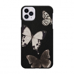 Кожаный черный Три монохромные бабочки на iPhone 11 Pro