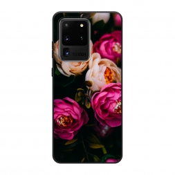 Матовый силиконовый чехол Розовые пионы на черном на Samsung Galaxy S20 Ultra