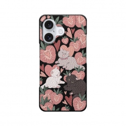 Кожаный черный Клубничные котики на iPhone 16