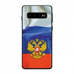 Матовый силиконовый чехол Герб РФ на фоне флага на Samsung Galaxy S10