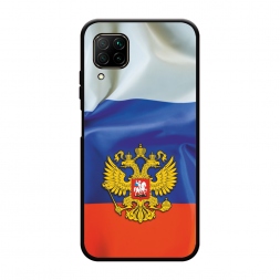 Матовый силиконовый чехол Герб РФ на фоне флага на Huawei P40 Lite