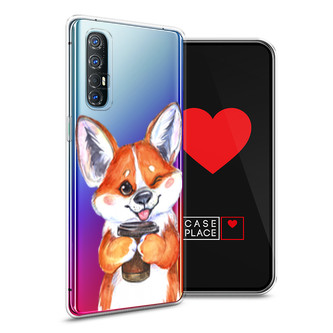 Силиконовый чехол Корги с кофе на Oppo Reno 3 Pro