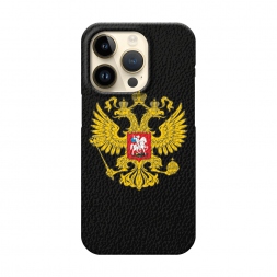 Кожаный черный Государственный герб на iPhone 14 Pro