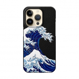 Кожаный черный Волна в Канагаве на iPhone 14 Pro