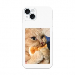 Soft touch белый Котик кушает на iPhone 15 Plus