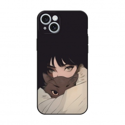 Матовый силиконовый чехол Аниме девушка с котиком на iPhone 15 Plus